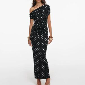 Self Portrait Polka Dot Draped Knit Midi Dress